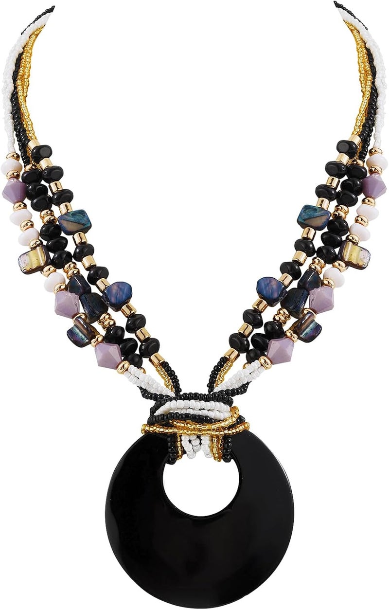 Coiris Shell Pendant Statement Strand Necklace for Women Boho Multi Beads Natural Stone Colorful Necklace Bohemian Handmade Chunky Shell Beaded Collar Jewelry for Women - Image 1